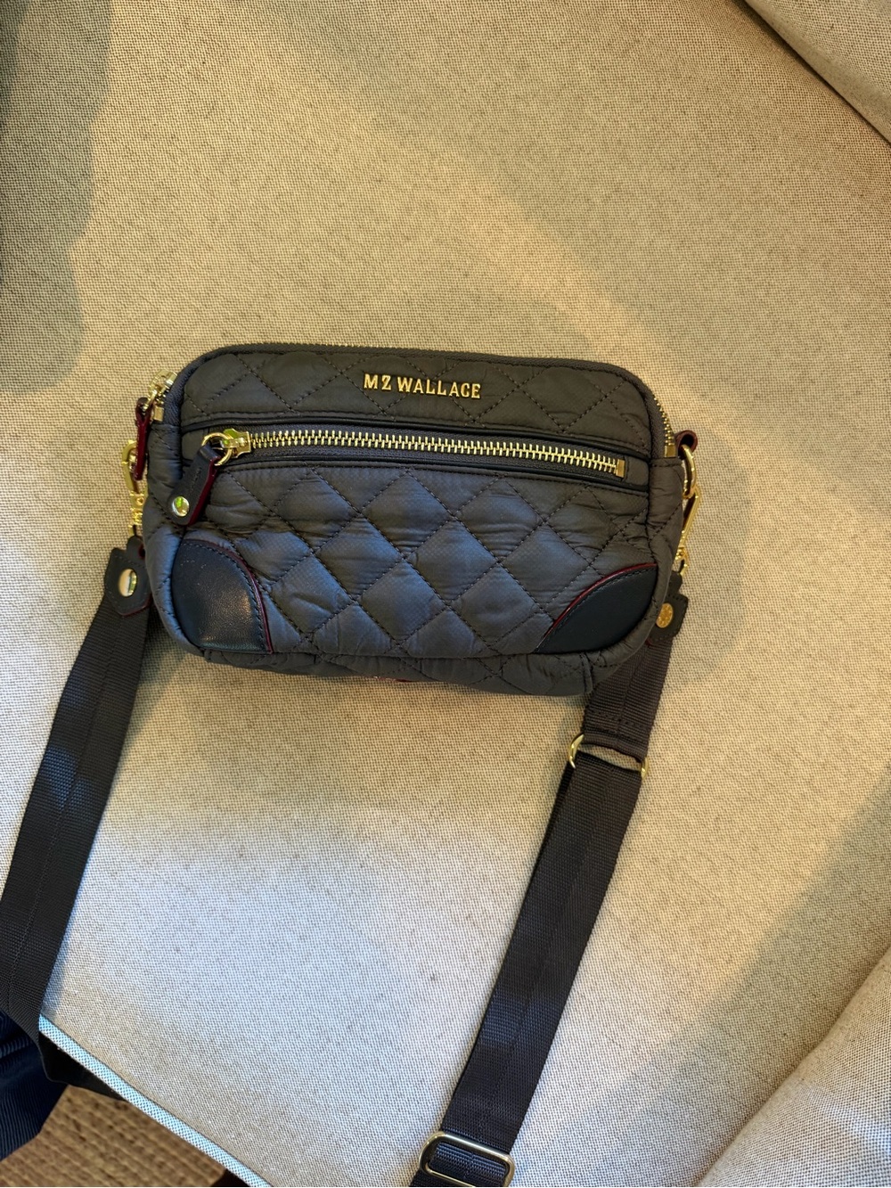 MZ Wallace Charcoal Grey Quilted Crossbody with Gold Hardware